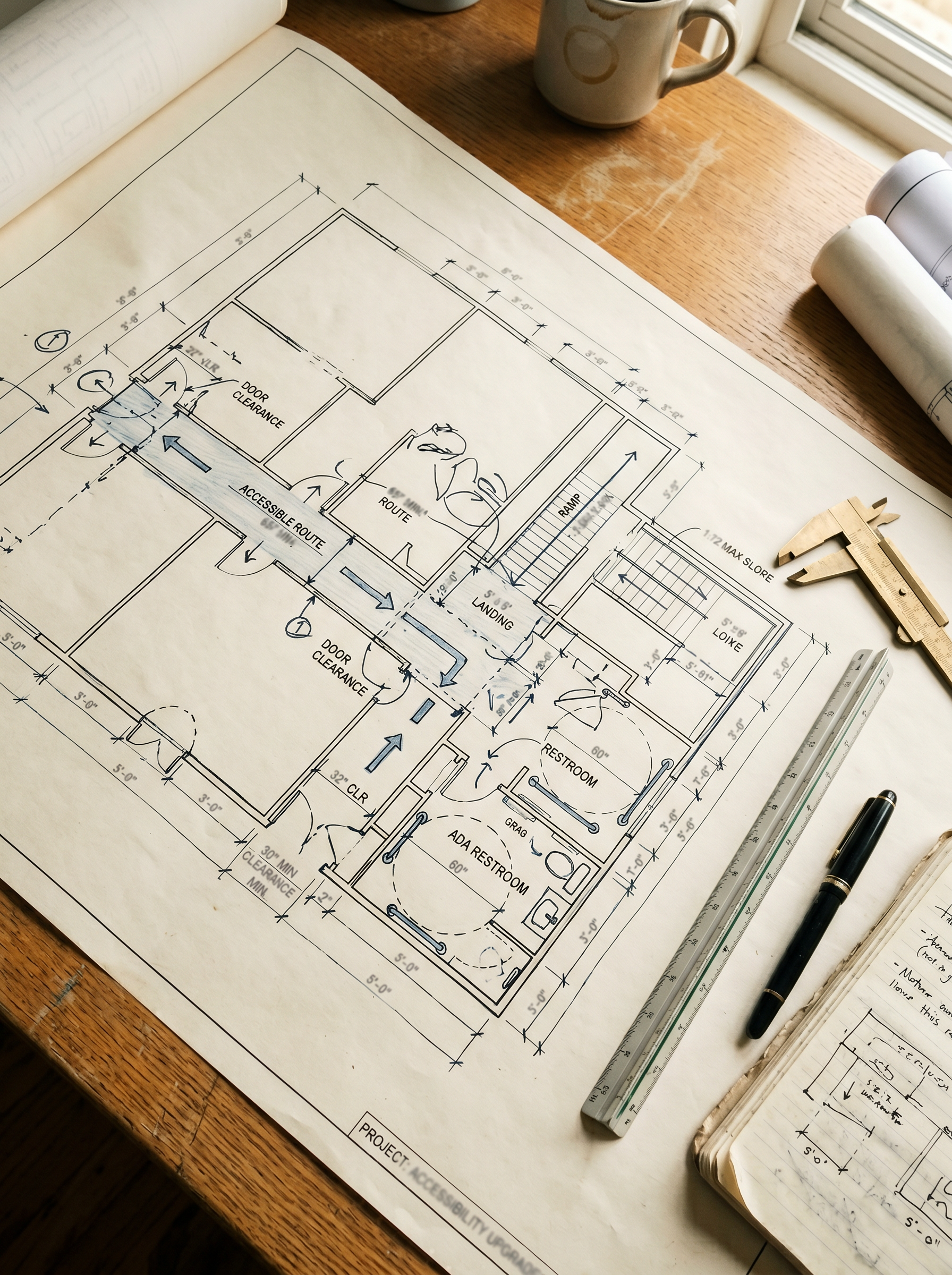 Architectural accessibility plan with dimension callouts for accessible route, door clearance, ramp slope, and ADA restroom