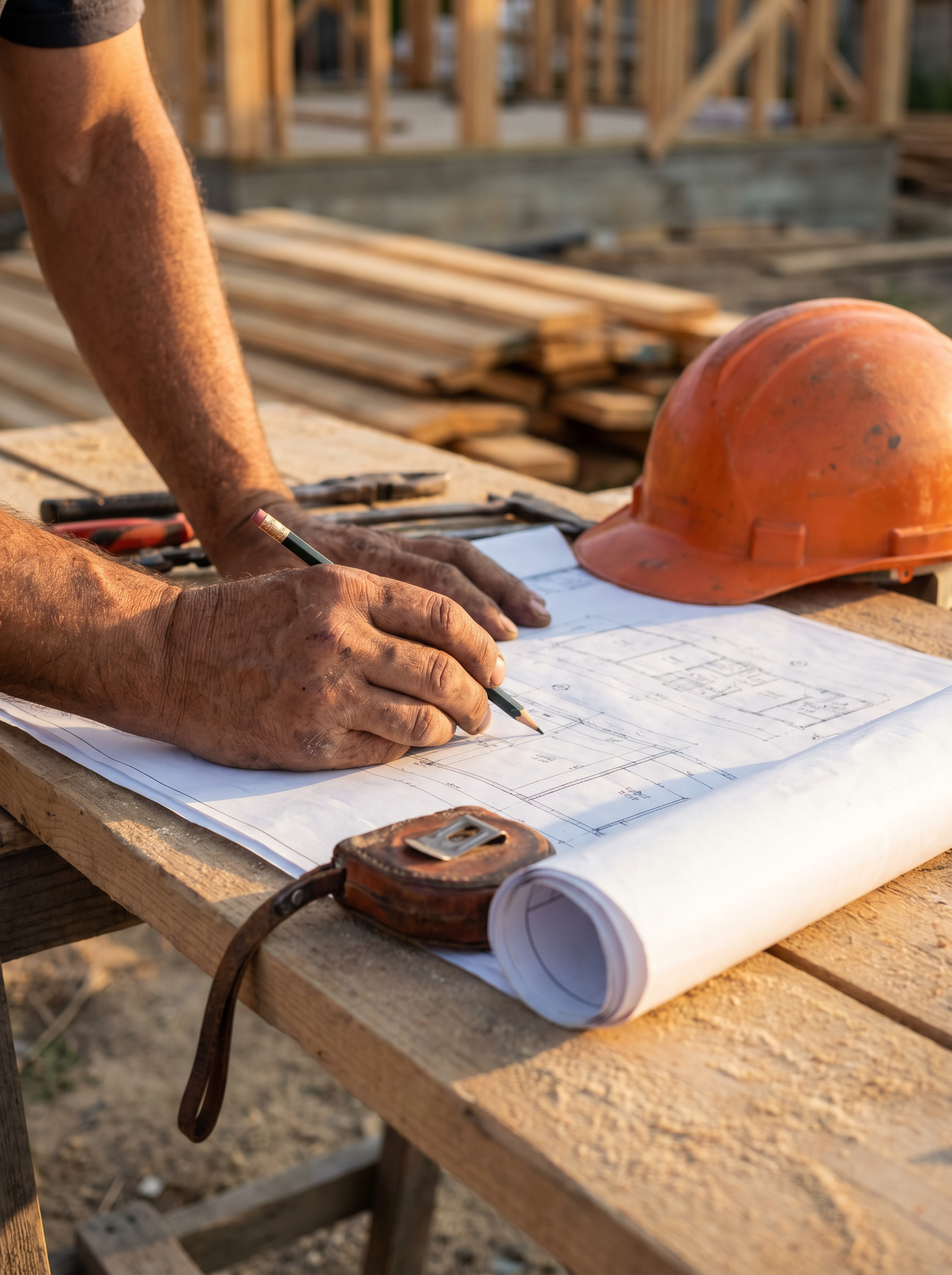 Contractor reviewing blueprints on a wooden workbench at a framing site