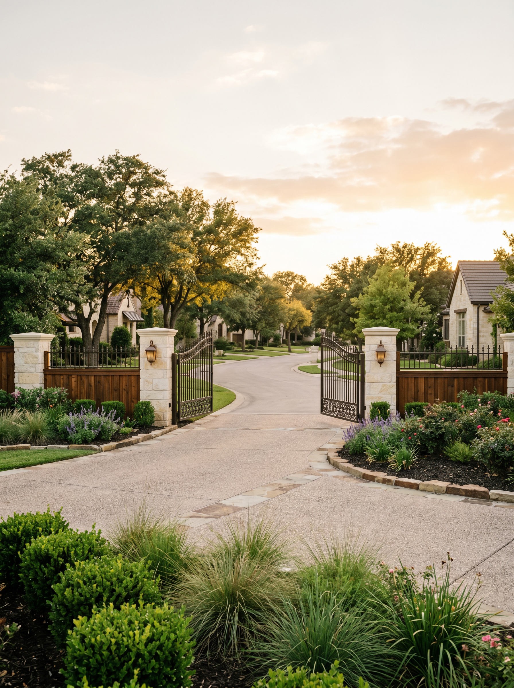 Community entrance with stone pillars, ornamental iron gates, and a wood privacy fence at golden hour