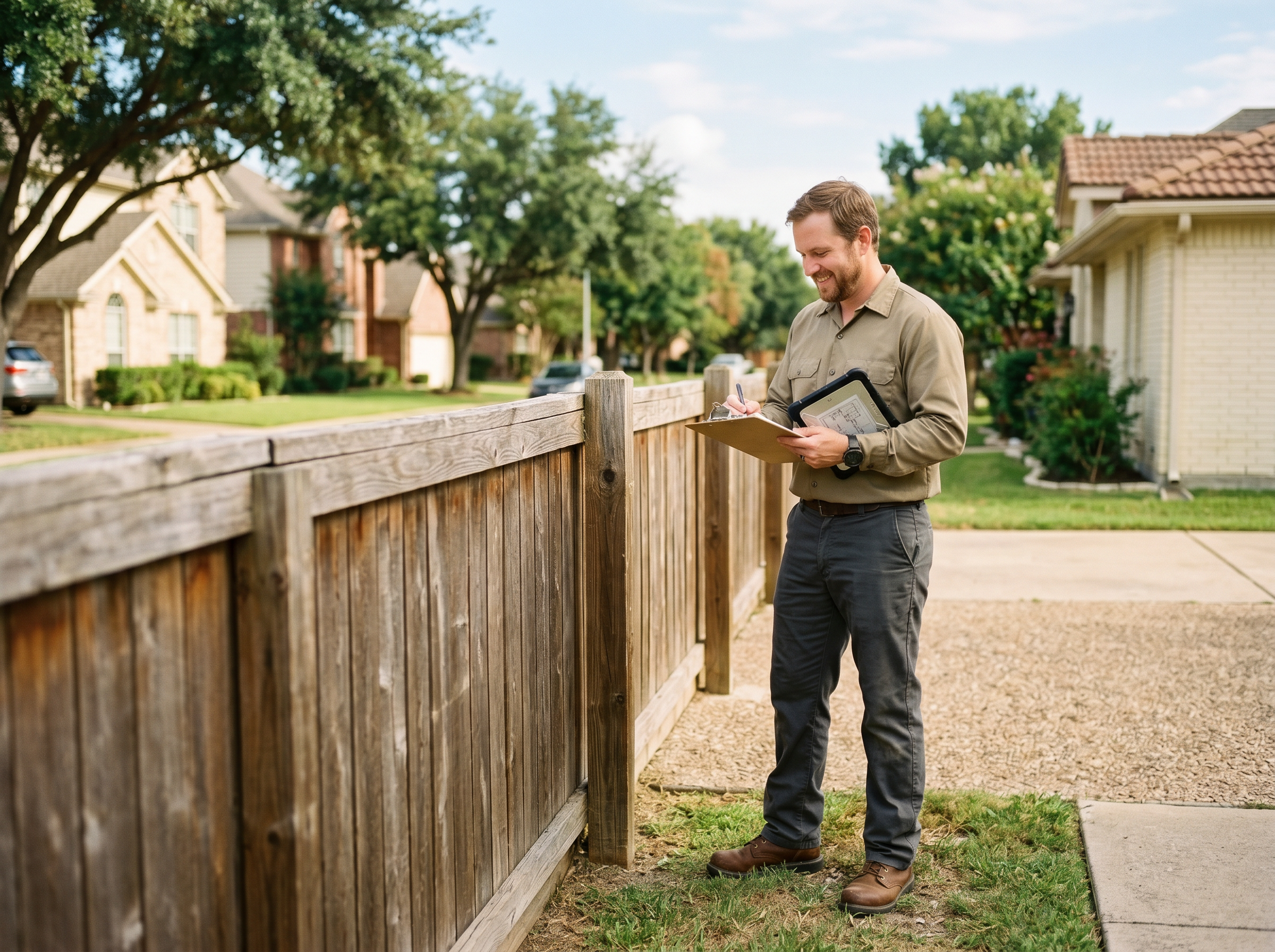 Consultions project manager inspecting a neighborhood wood fence with a clipboard and tablet
