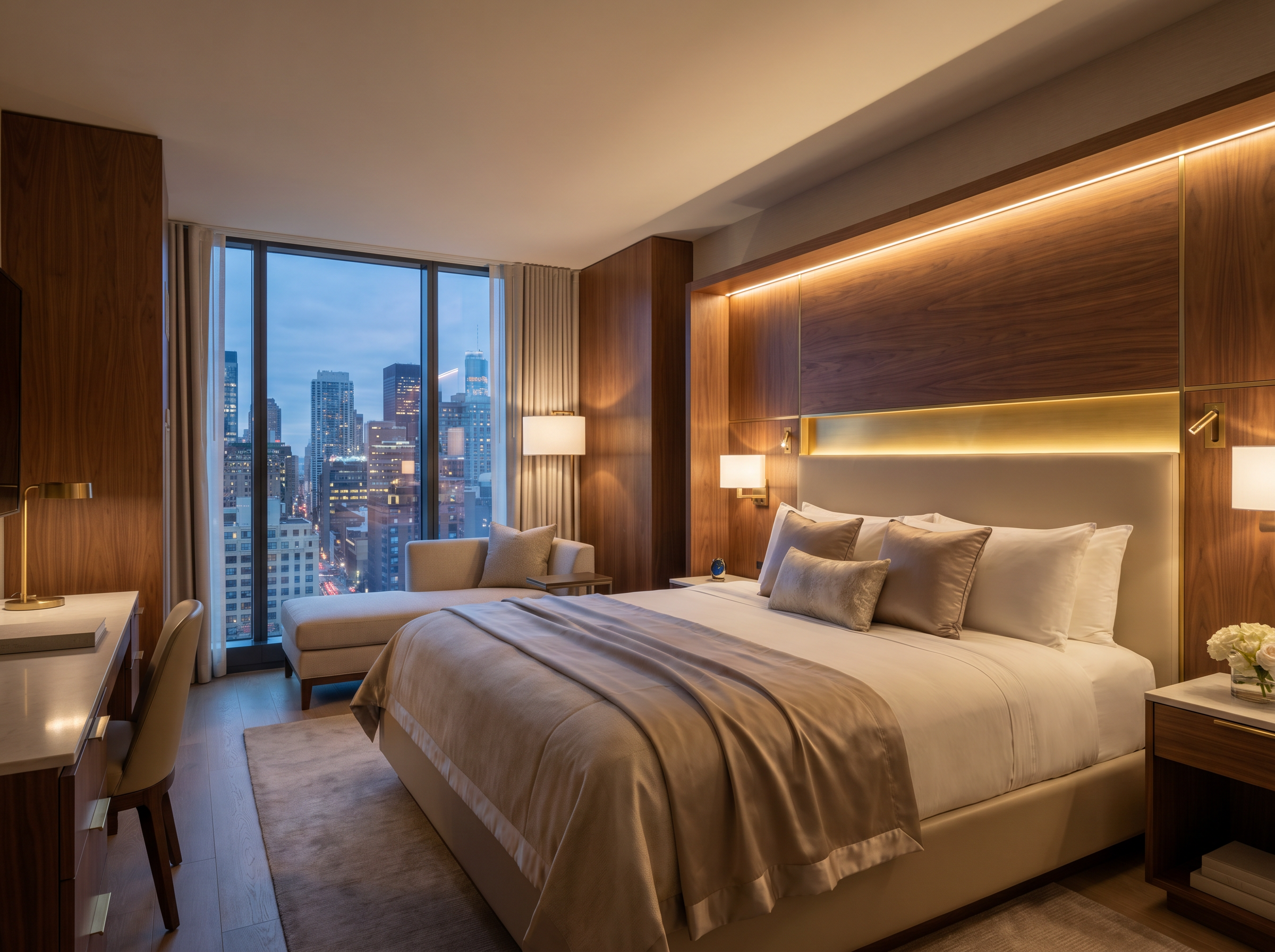 Renovated hotel guest room at dusk with custom millwork headboard, warm LED accent lighting, and city view