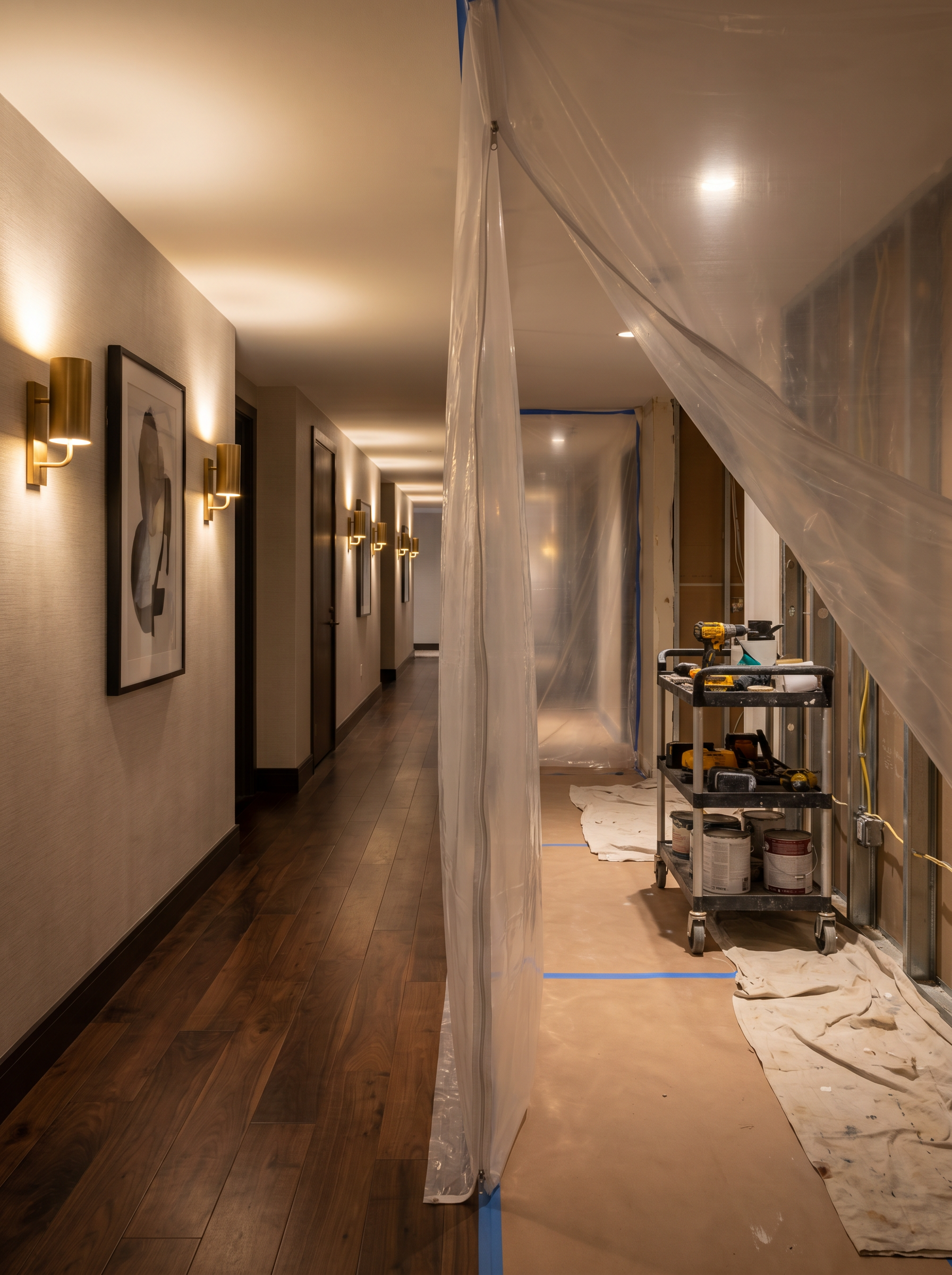 Hotel corridor mid-renovation with a clean zipper-wall barrier separating a finished section from an active work zone