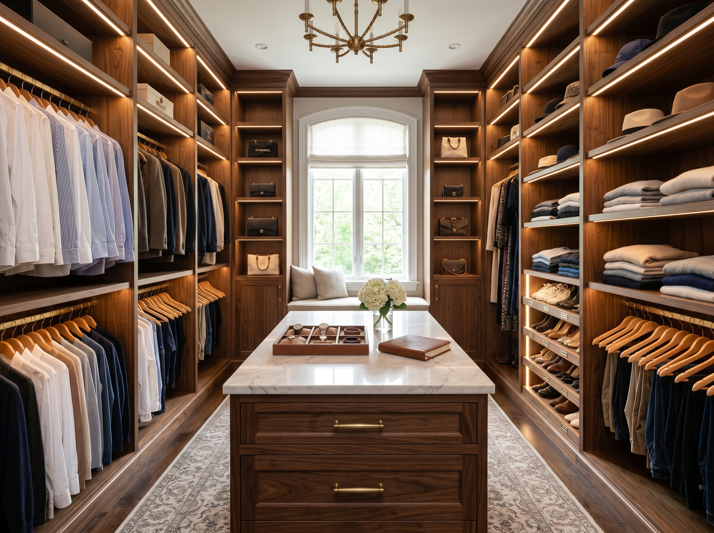 A custom walk-in closet with warm wood shelving, LED accent lighting, and a marble-topped center island