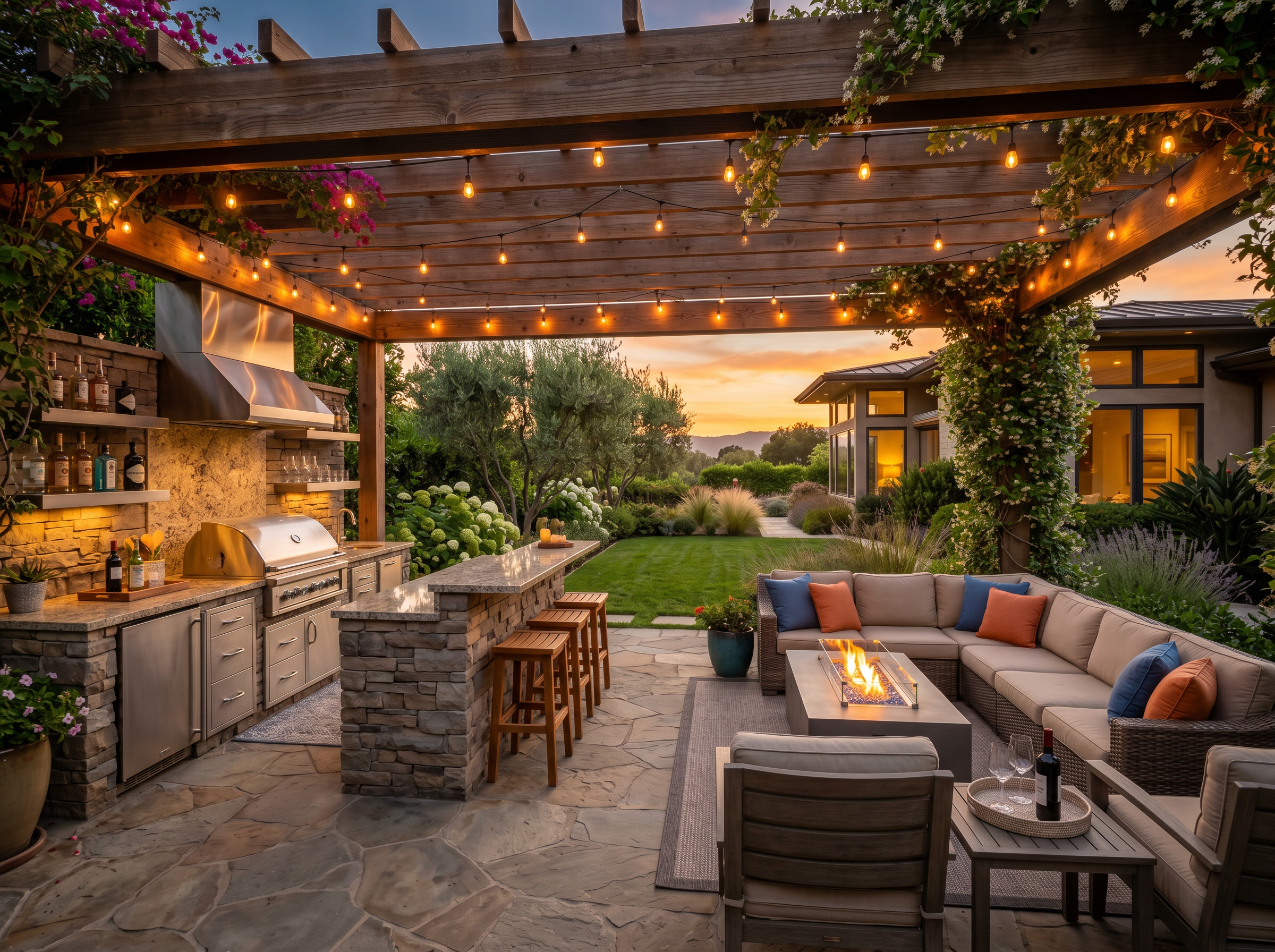 A covered outdoor patio at golden hour with a built-in bar, stainless grill, lounge seating, and string lights