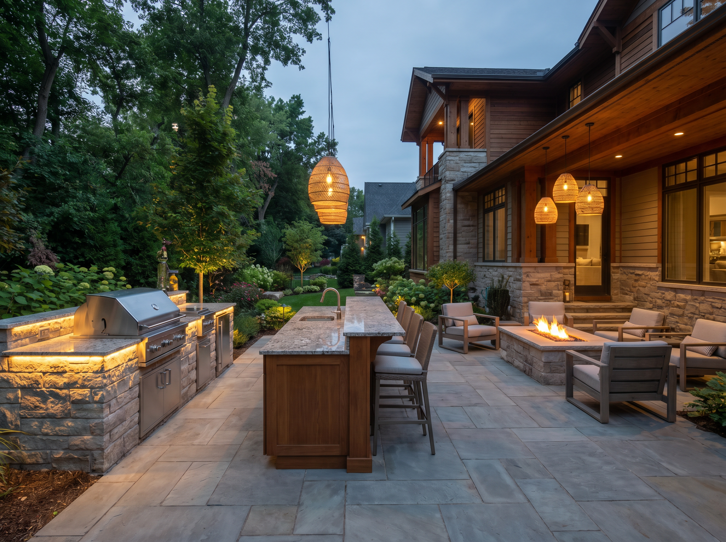Custom backyard outdoor kitchen with built-in grill, stone patio, fire pit, and pendant lighting