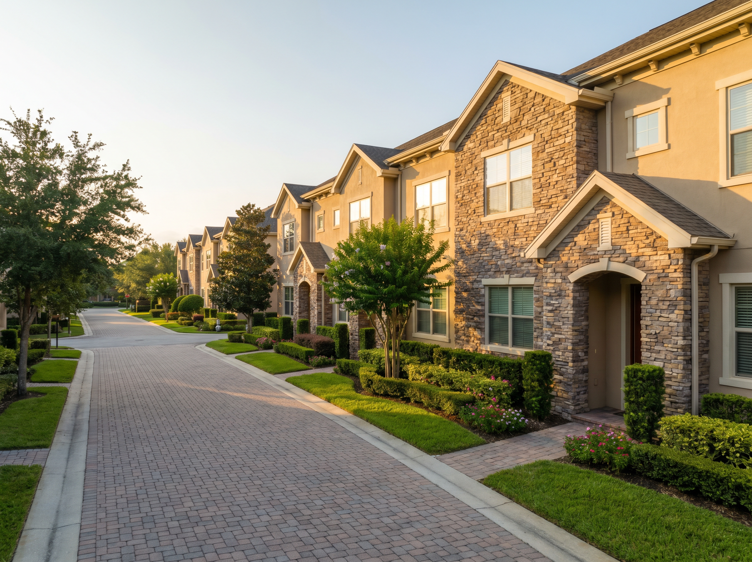 Upscale residential community with renovated townhouses and manicured landscaping