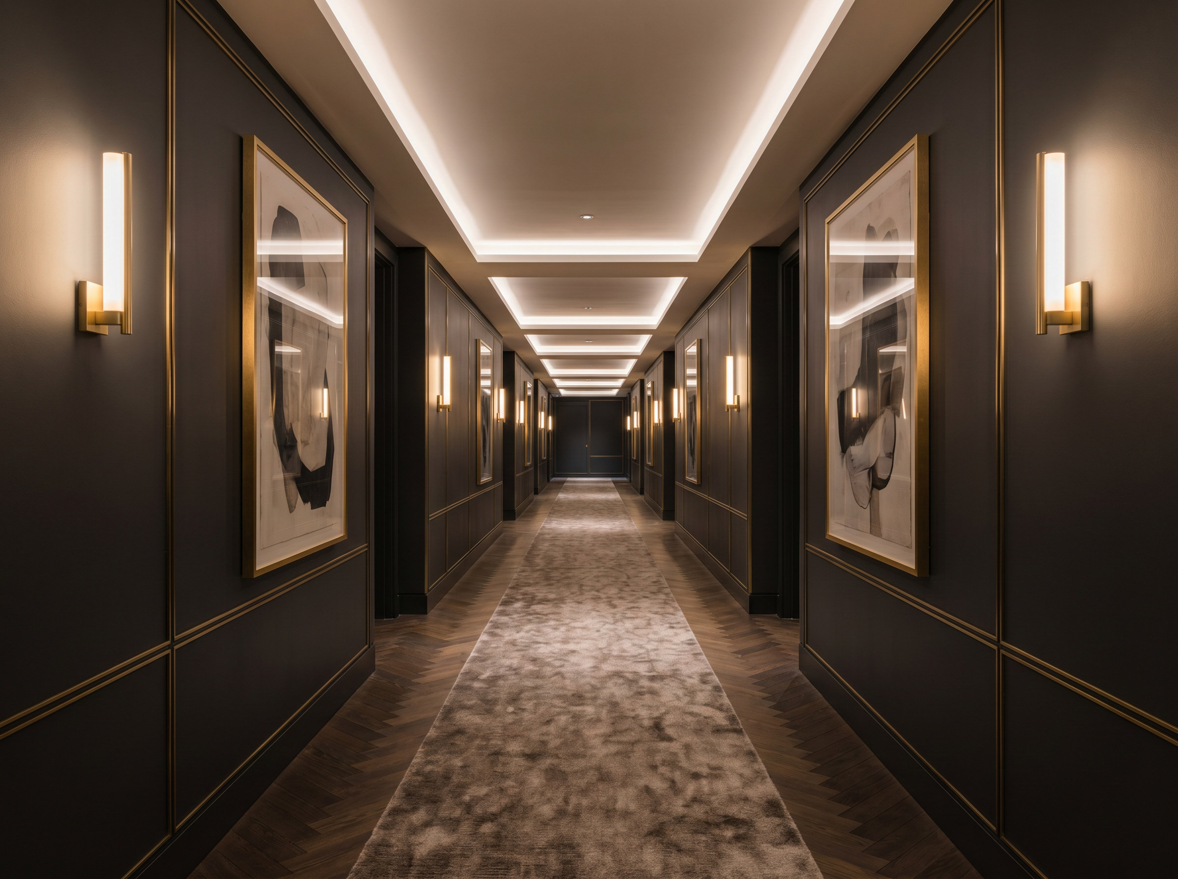 Renovated luxury hotel corridor with warm sconce lighting and herringbone flooring
